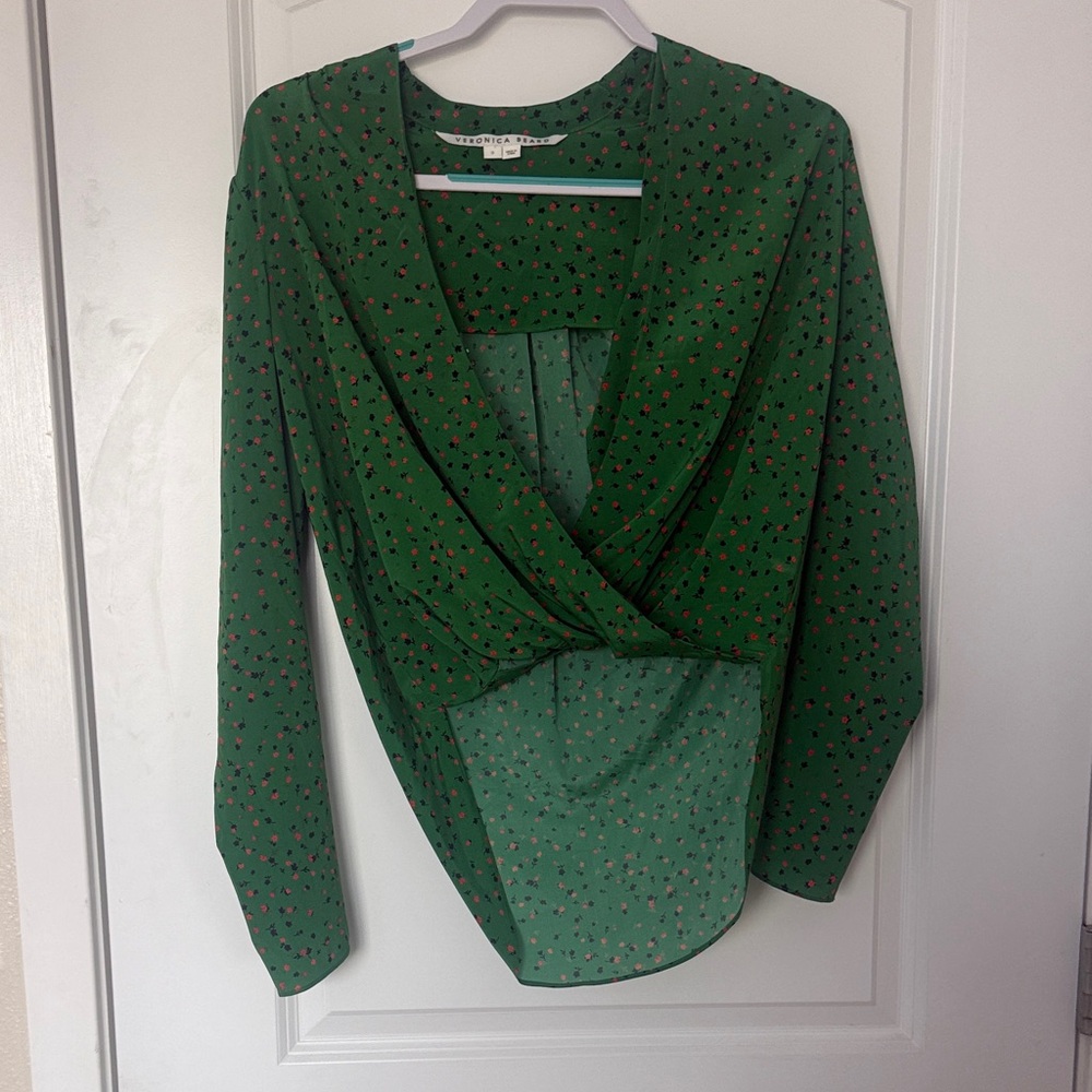 Veronica Beard Green Floral Wrap Blouse